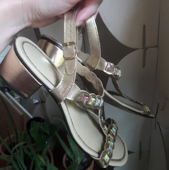 60s Vintage Mod Multi Colored JEWEL Studded Gold Lame Block Heel Sandals Size 7 - Picture 6 of 16